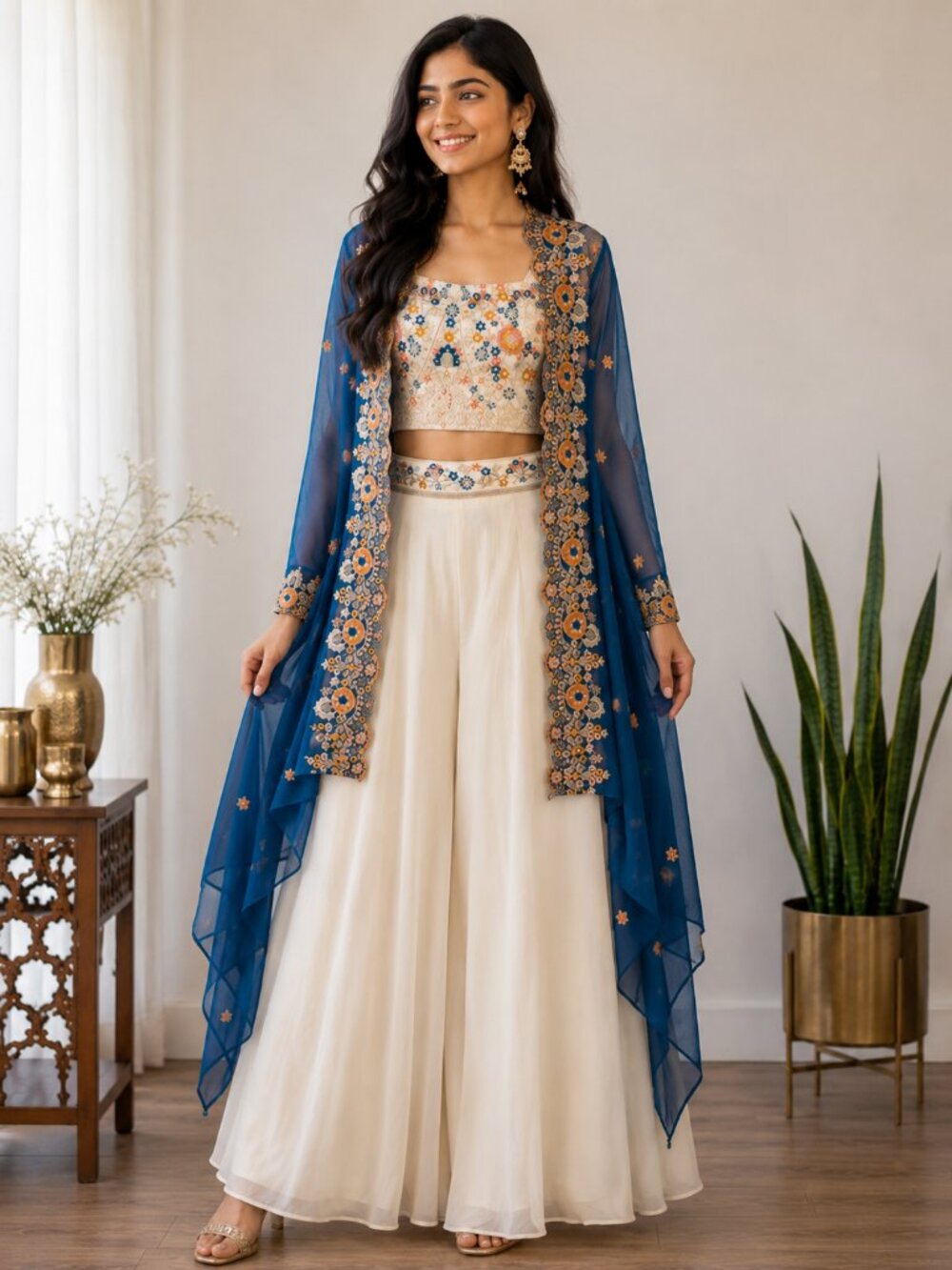 Girls Royal Blue & Ivory Embroidered Lehenga Choli Set w/ Sheer Jacket-Sz-XL